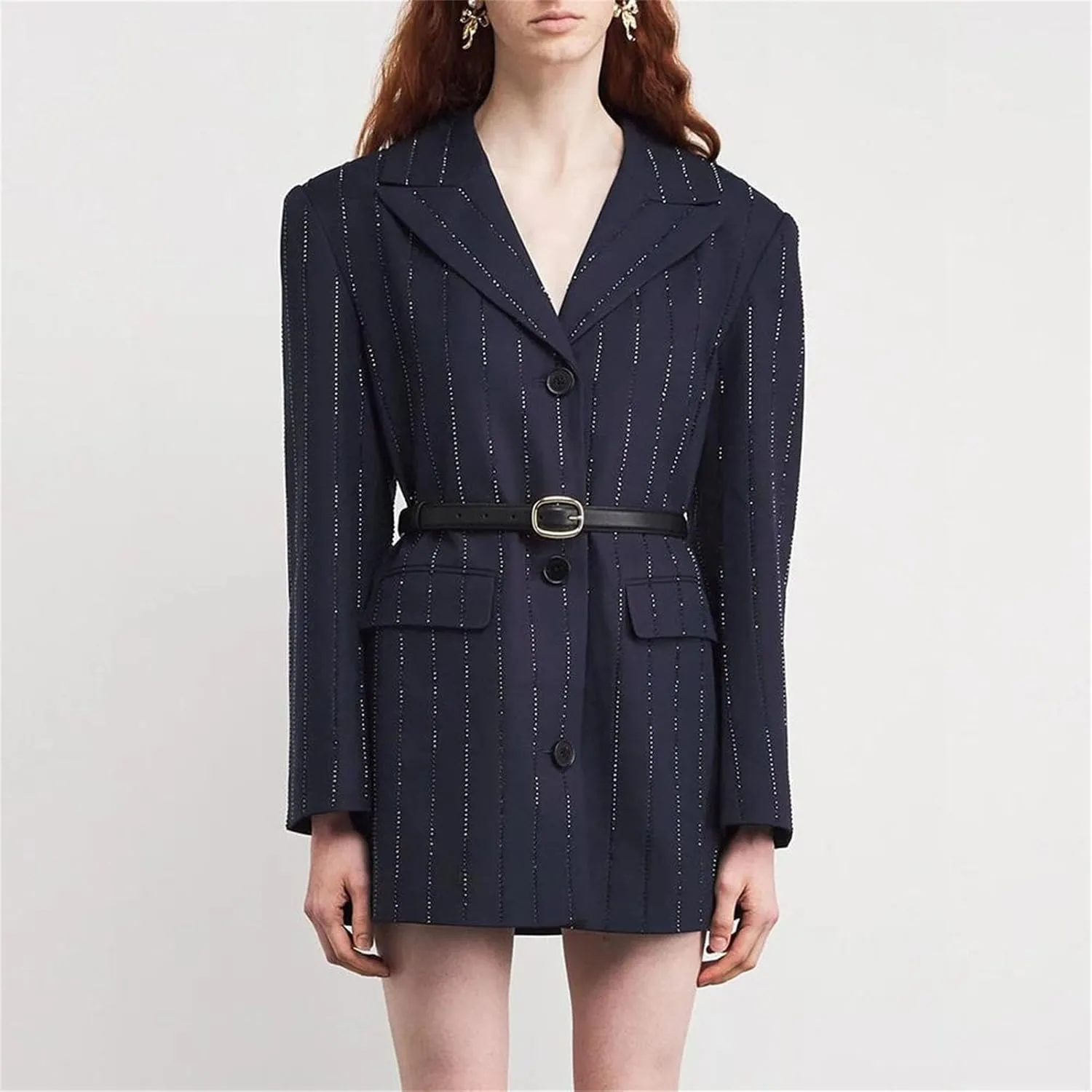 Women's Belted Patchwork Dress - Lapel Long Sleeve High Waist Loose Fit Design