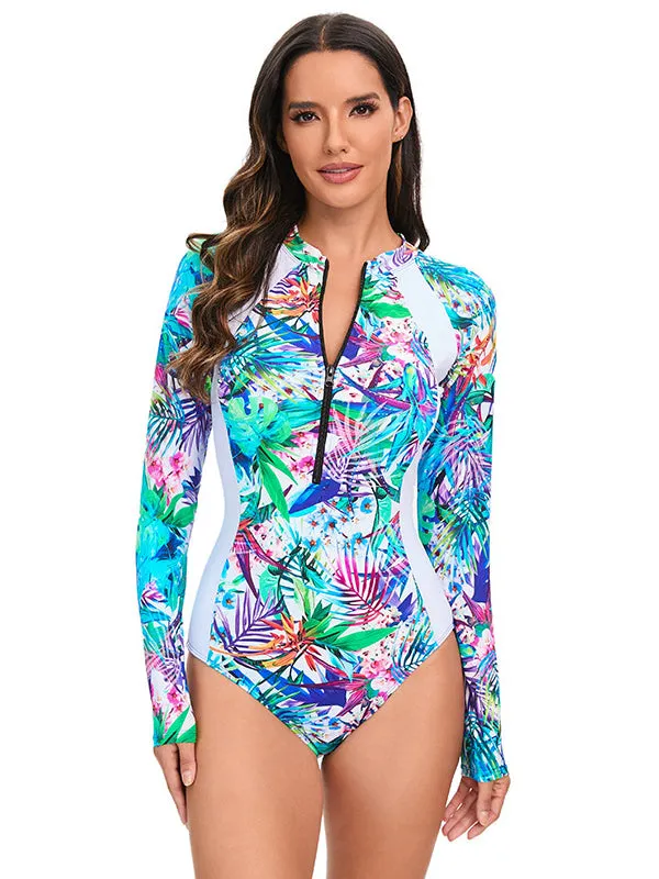 Women's Fashion Printed Long Sleeve One Piece Swimsuit UPF50  Rash Guard
