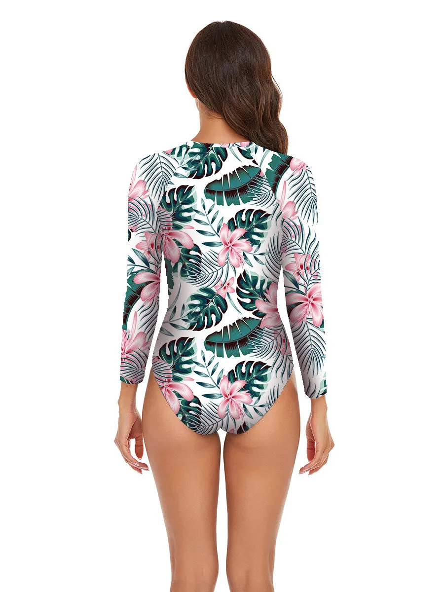 Women's Fashion Printed Long Sleeve One Piece Swimsuit UPF50  Rash Guard