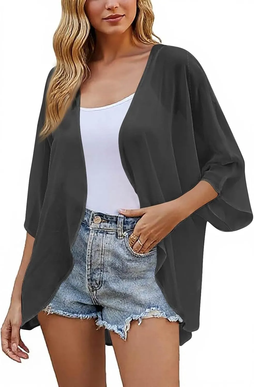 Women's Floral Print Puff Sleeve Kimono Cardigans Loose Chiffon Cardigan Beach Cover Up Open Front Blouse Tops
