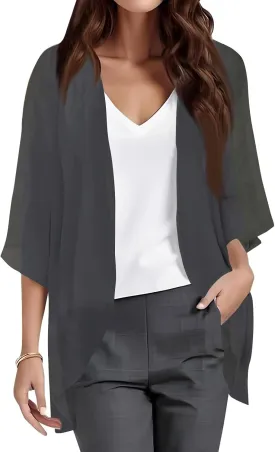 Women's Floral Print Puff Sleeve Kimono Cardigans Loose Chiffon Cardigan Beach Cover Up Open Front Blouse Tops