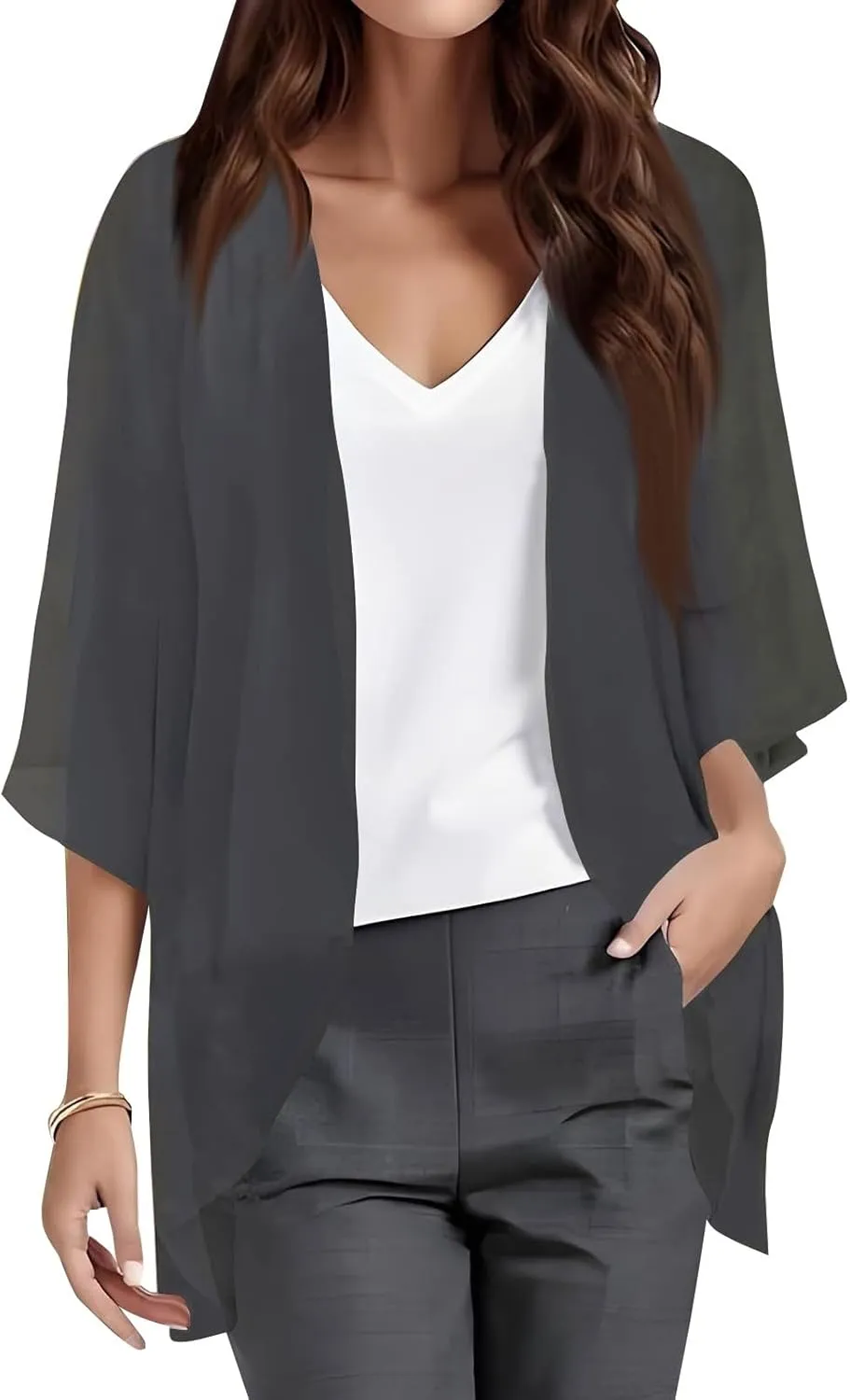 Women's Floral Print Puff Sleeve Kimono Cardigans Loose Chiffon Cardigan Beach Cover Up Open Front Blouse Tops