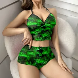Women's Lace Pajama Set, Skull Green Art See-through Back Design Comfort Nightwear Outfit
