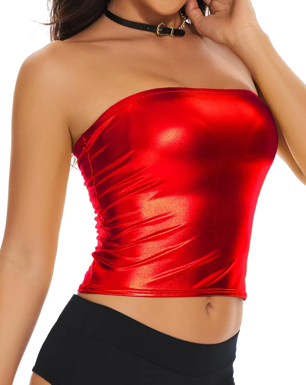 Women's Metallic Crop Tube Top Shiny Strapless Bandeau Bra for Dancing, Raves, Festivals, Costumes