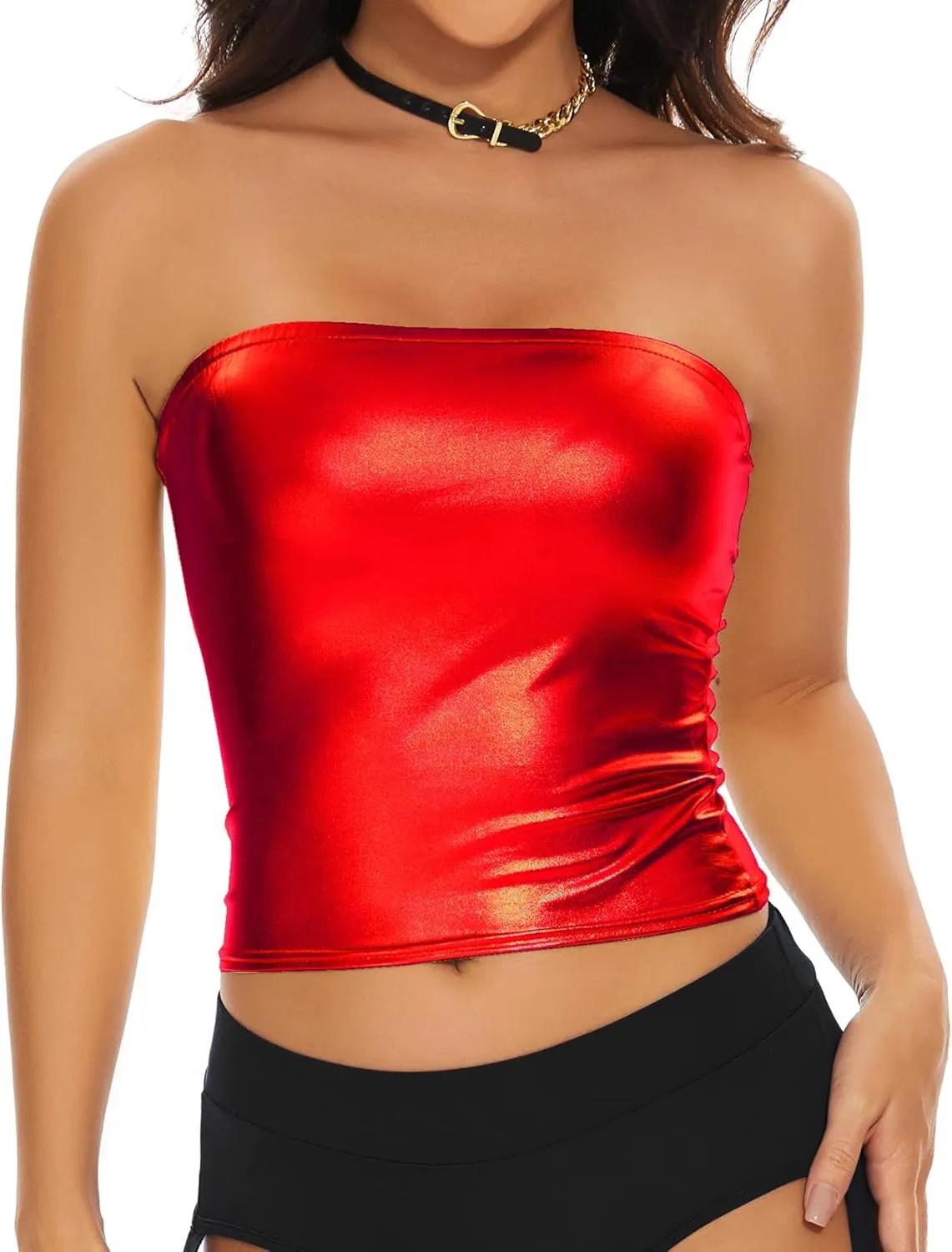 Women's Metallic Crop Tube Top Shiny Strapless Bandeau Bra for Dancing, Raves, Festivals, Costumes