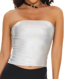 Women's Metallic Crop Tube Top Shiny Strapless Bandeau Bra for Dancing, Raves, Festivals, Costumes