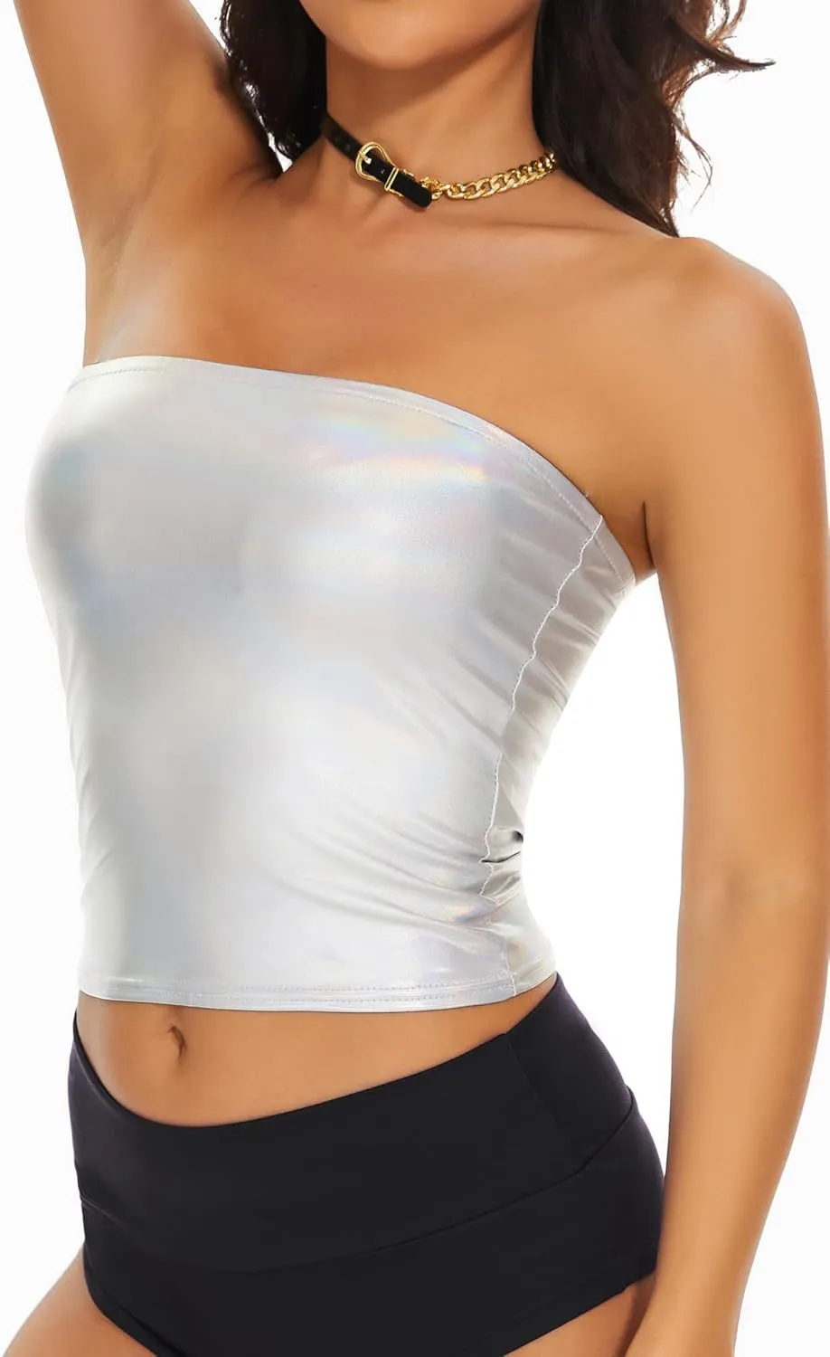 Women's Metallic Crop Tube Top Shiny Strapless Bandeau Bra for Dancing, Raves, Festivals, Costumes