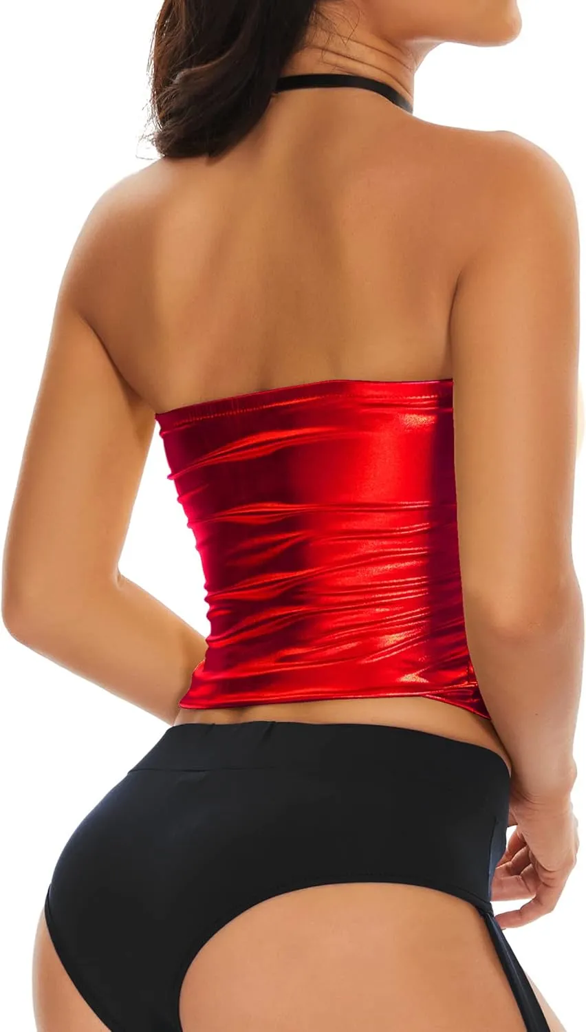 Women's Metallic Crop Tube Top Shiny Strapless Bandeau Bra for Dancing, Raves, Festivals, Costumes
