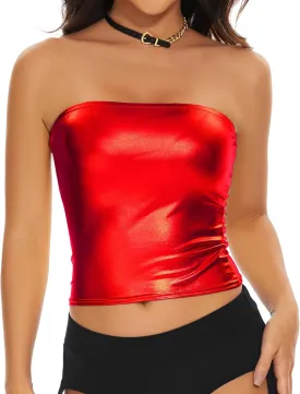 Women's Metallic Crop Tube Top Shiny Strapless Bandeau Bra for Dancing, Raves, Festivals, Costumes