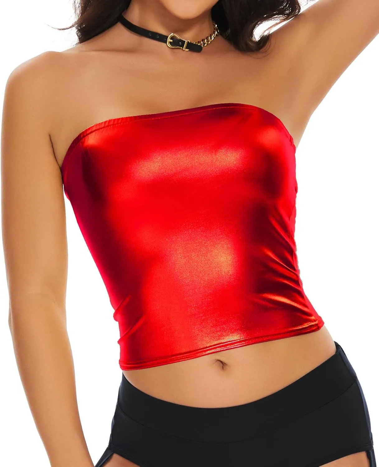 Women's Metallic Crop Tube Top Shiny Strapless Bandeau Bra for Dancing, Raves, Festivals, Costumes