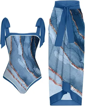 Womens One-Piece Swimsuit Print Chiffon Cover Up Beach Sarong Swimwear Beachwear Retro Wrap Maxi Skirt Bathing Suit
