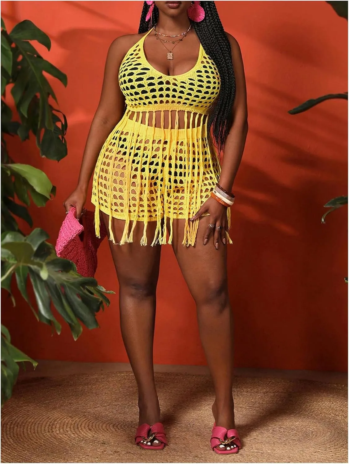 Women's Plus Size 2 Piece Crochet Swim Cover Up Set Fringe Hem Halter Beach Top and Shorts Coverups Beachwear