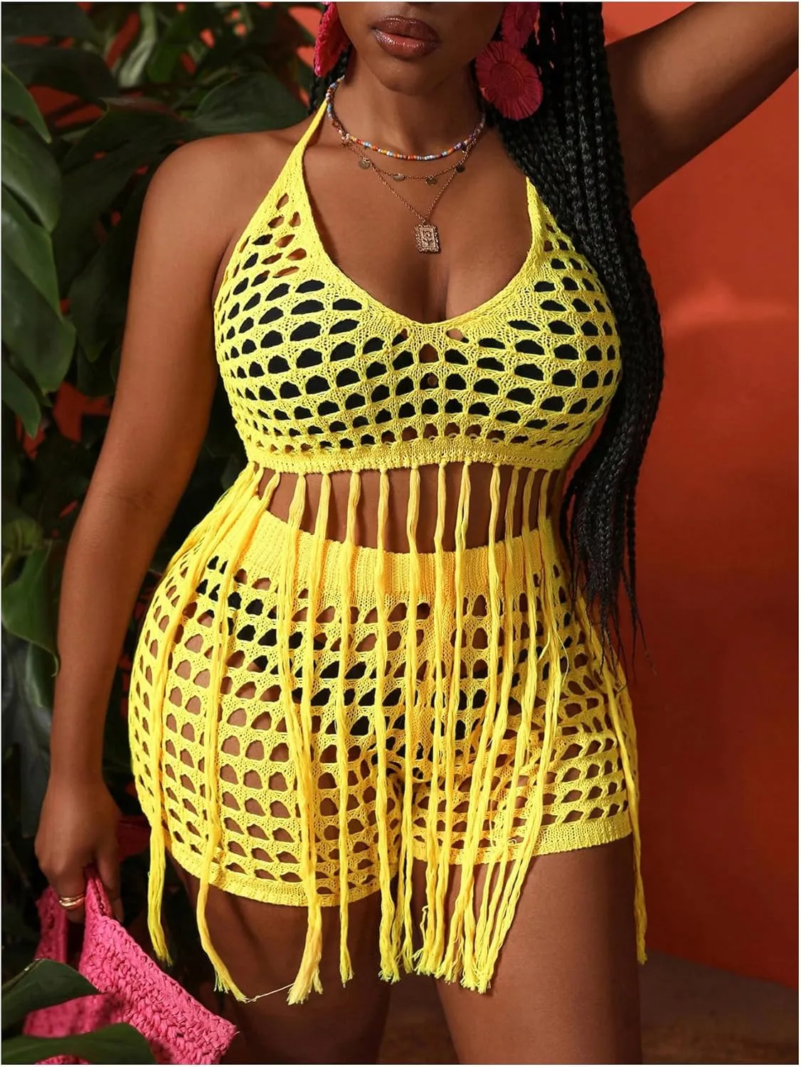 Women's Plus Size 2 Piece Crochet Swim Cover Up Set Fringe Hem Halter Beach Top and Shorts Coverups Beachwear