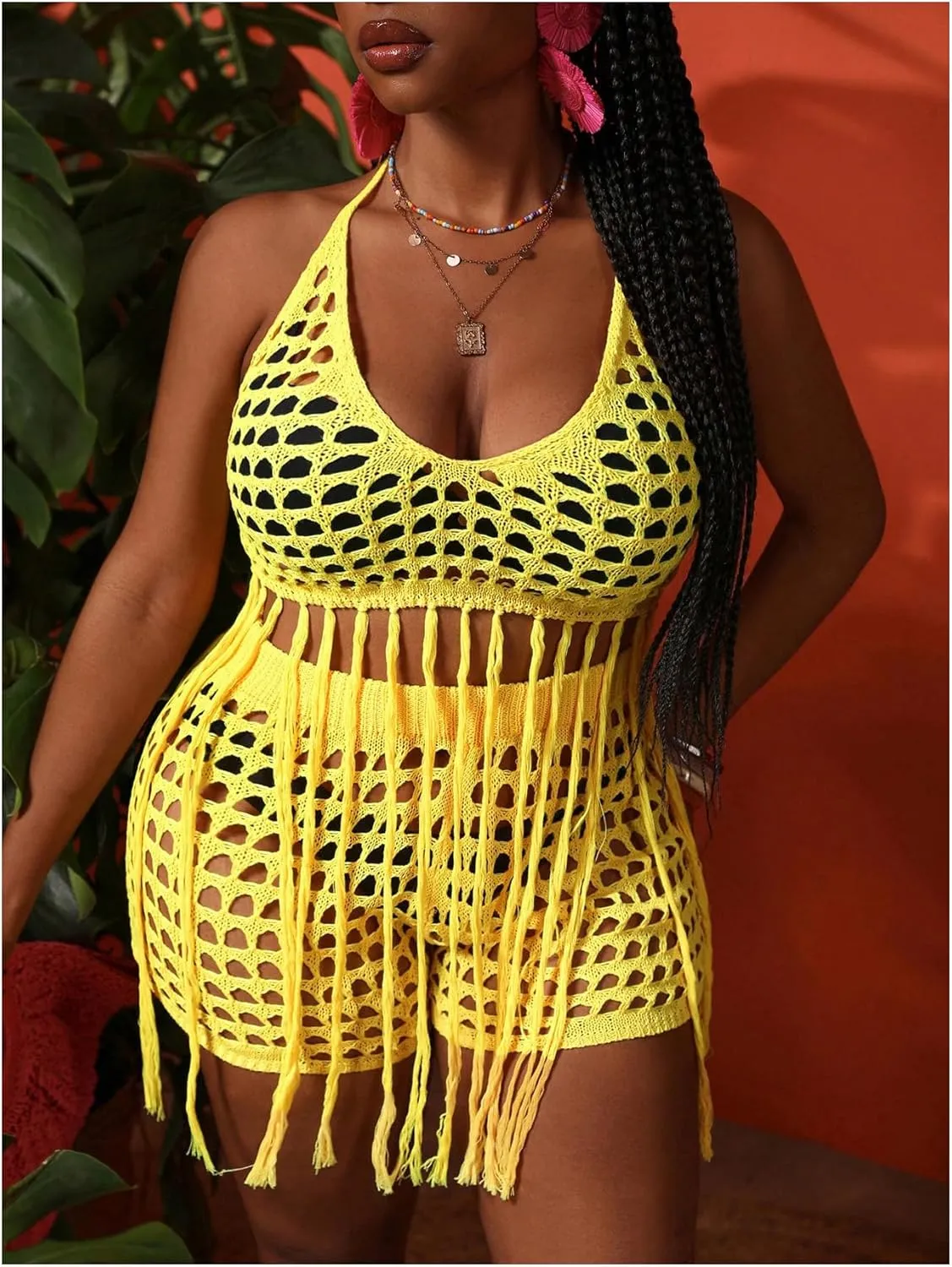 Women's Plus Size 2 Piece Crochet Swim Cover Up Set Fringe Hem Halter Beach Top and Shorts Coverups Beachwear