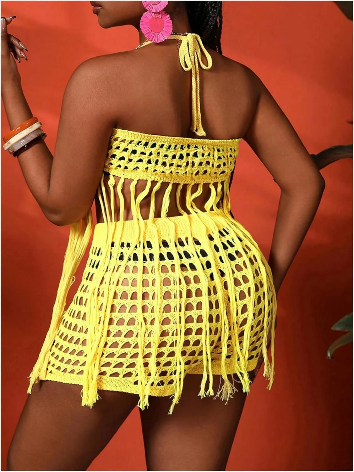 Women's Plus Size 2 Piece Crochet Swim Cover Up Set Fringe Hem Halter Beach Top and Shorts Coverups Beachwear