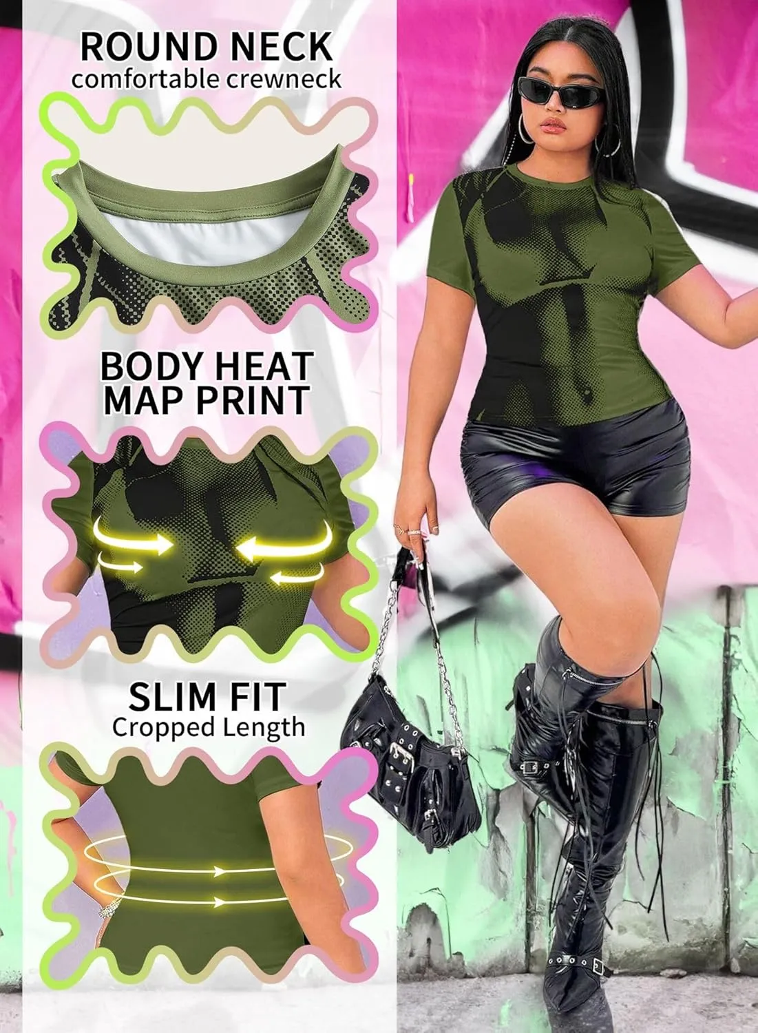 Women's Plus Size 3D Body Print Crop Top - Sexy Y2k Graphic Tee Shirt Aesthetic Heat Map Festival Concert Outfits