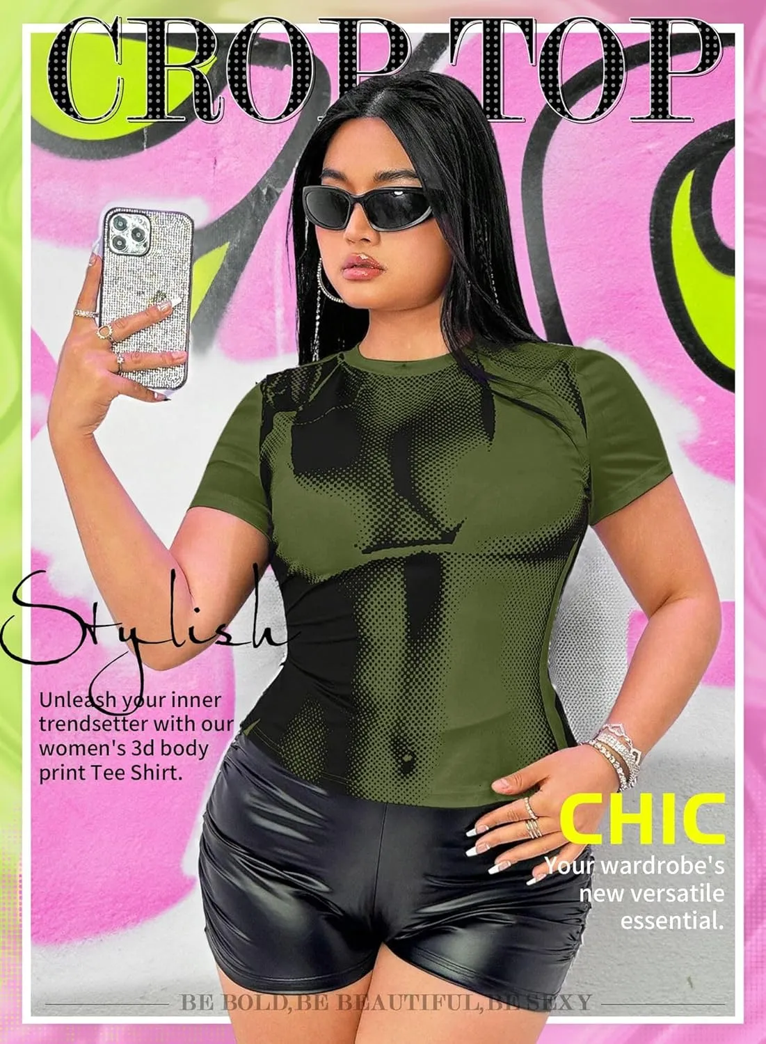 Women's Plus Size 3D Body Print Crop Top - Sexy Y2k Graphic Tee Shirt Aesthetic Heat Map Festival Concert Outfits