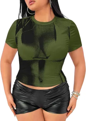 Women's Plus Size 3D Body Print Crop Top - Sexy Y2k Graphic Tee Shirt Aesthetic Heat Map Festival Concert Outfits