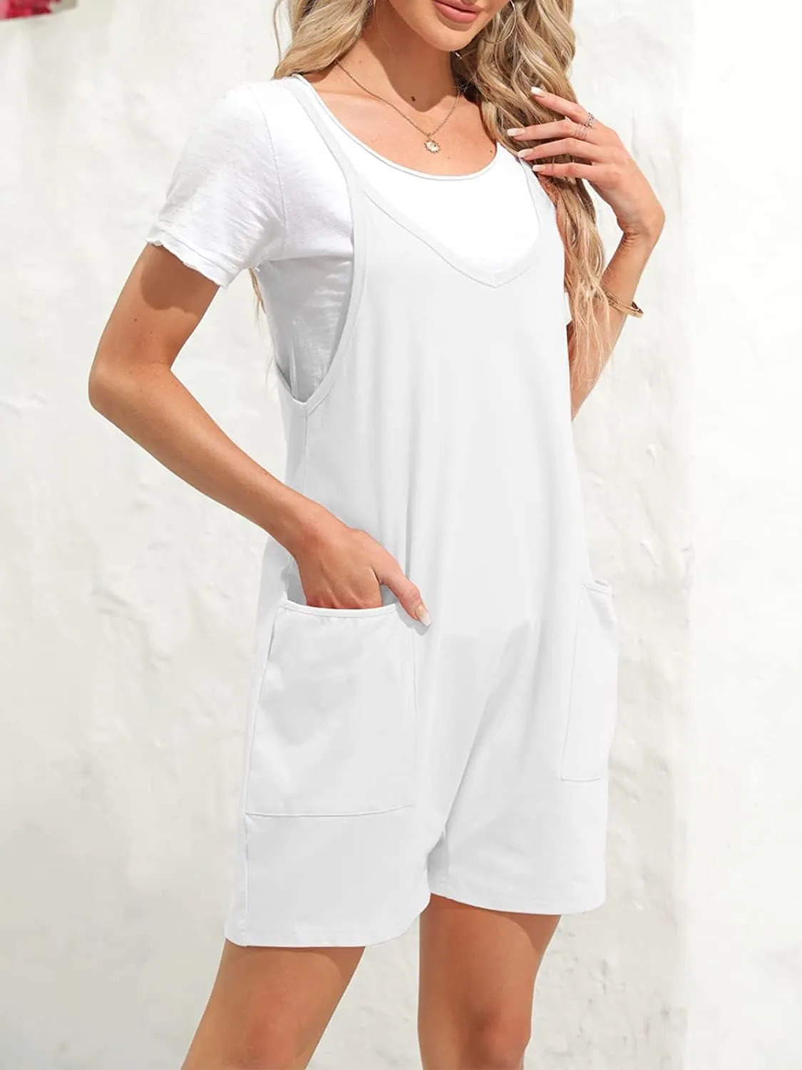 Women's Summer Casual Sleeveless Rompers Loose Fit Spaghetti Strap Shorts Jumpsuit Beach Cover Up with Pockets