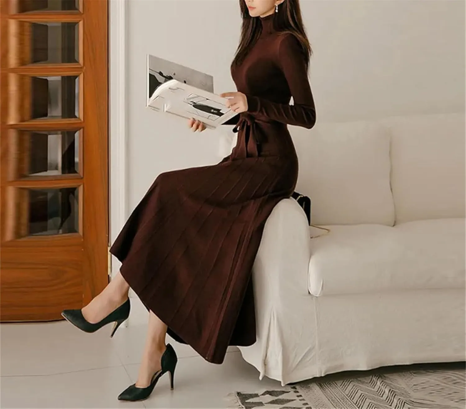 Women's Turtleneck Knit Party Dress - Big Swing Thick Elastic Winter Sweater