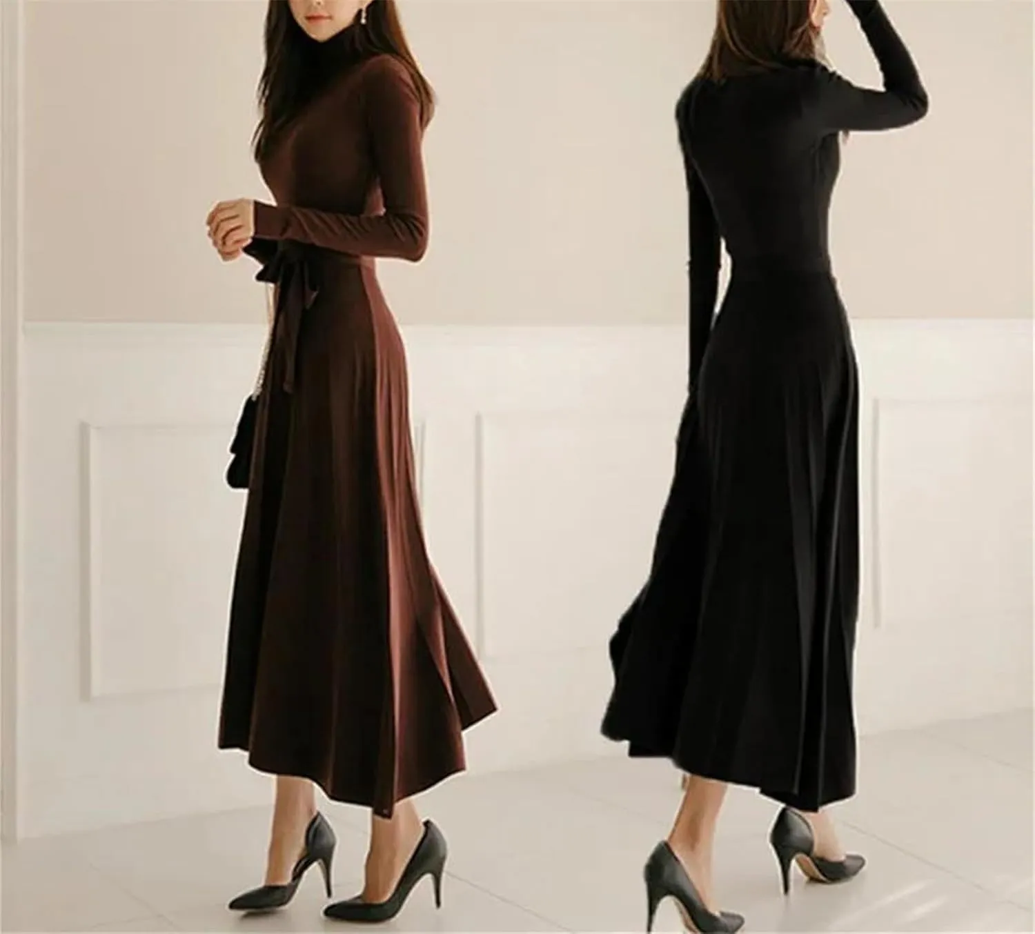 Women's Turtleneck Knit Party Dress - Big Swing Thick Elastic Winter Sweater