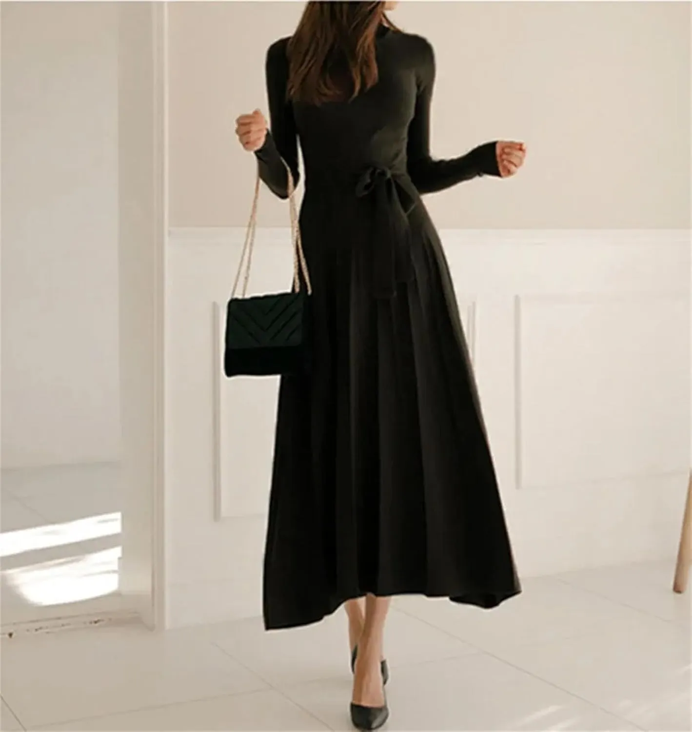 Women's Turtleneck Knit Party Dress - Big Swing Thick Elastic Winter Sweater