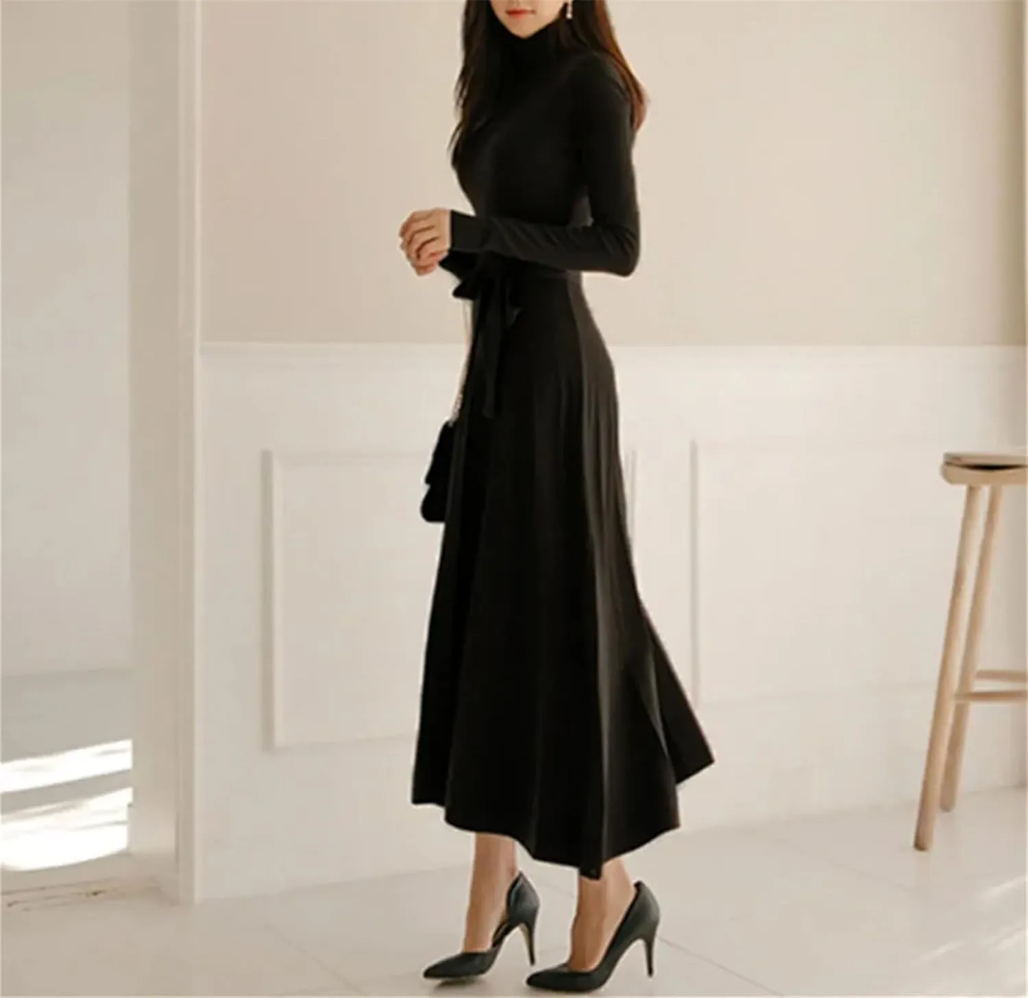 Women's Turtleneck Knit Party Dress - Big Swing Thick Elastic Winter Sweater