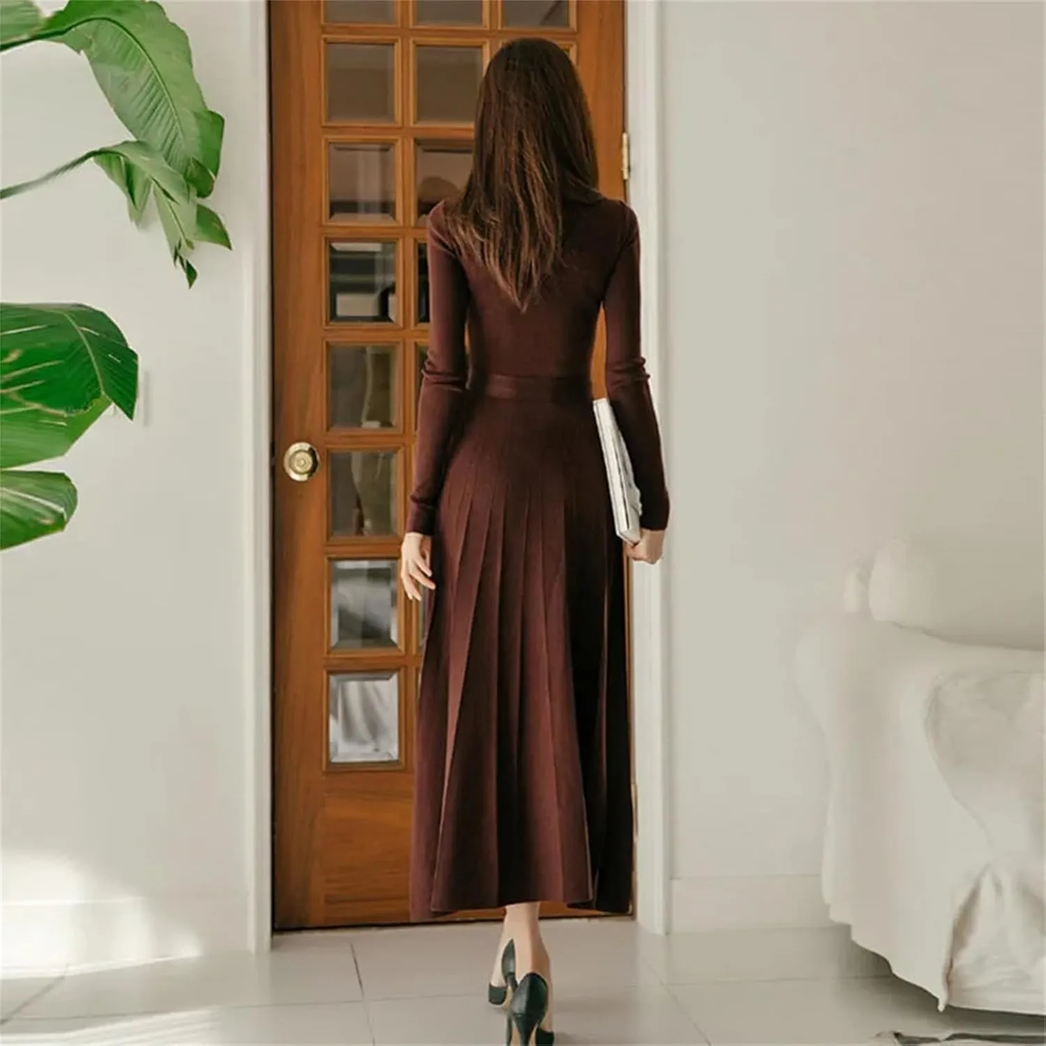 Women's Turtleneck Knit Party Dress - Big Swing Thick Elastic Winter Sweater