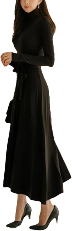 Women's Turtleneck Knit Party Dress - Big Swing Thick Elastic Winter Sweater