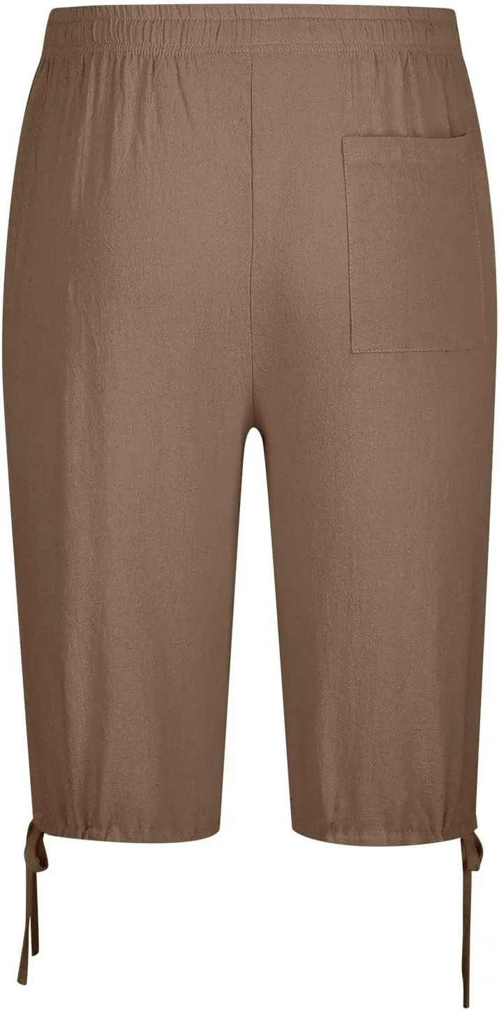 Xiaojmake Men's Cotton Linen Shorts Linen Capri Pants Casual Summer Drawstring Beach Shorts Below Knee Length Gym Yoga Pants