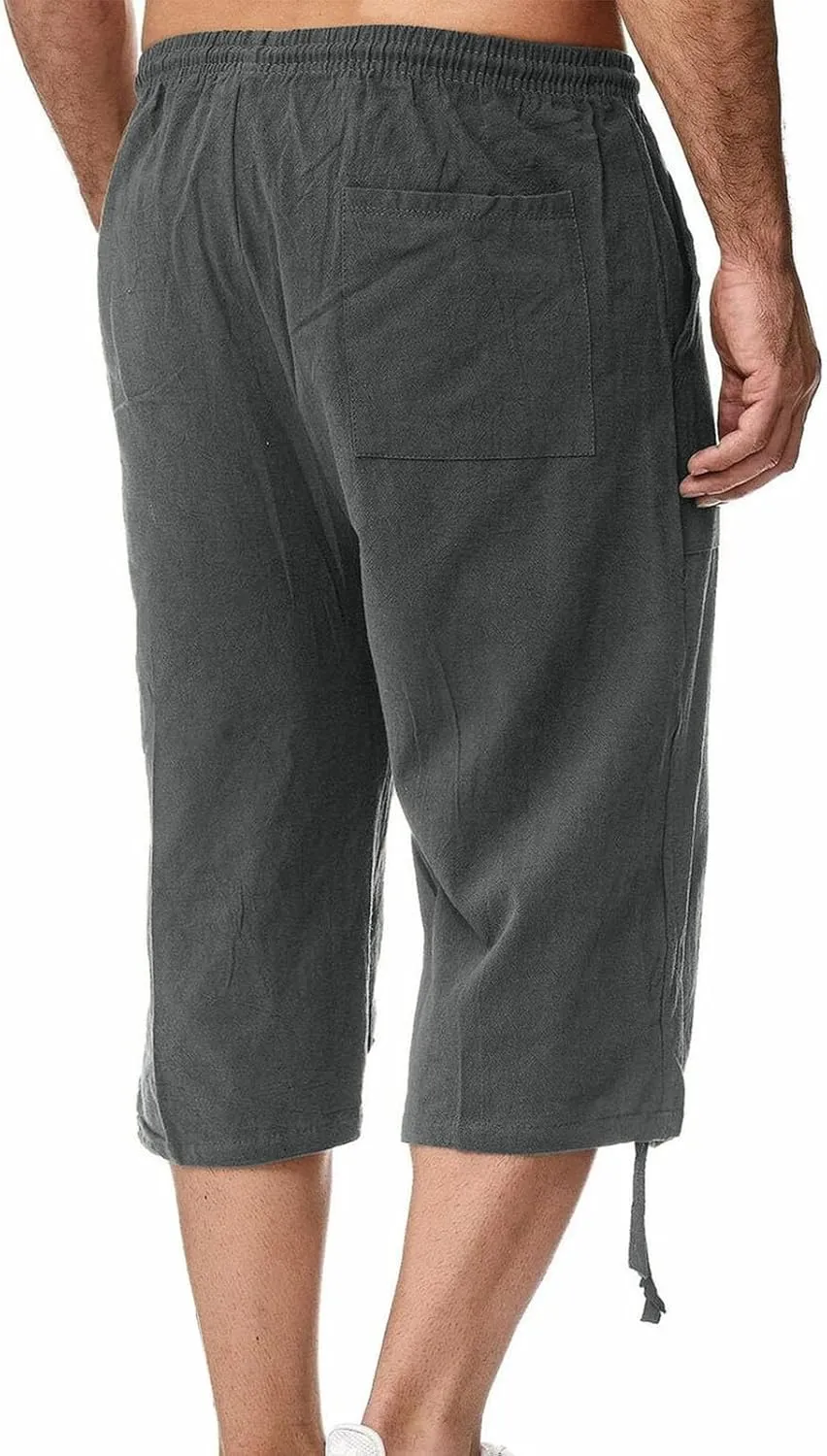 Xiaojmake Men's Cotton Linen Shorts Linen Capri Pants Casual Summer Drawstring Beach Shorts Below Knee Length Gym Yoga Pants