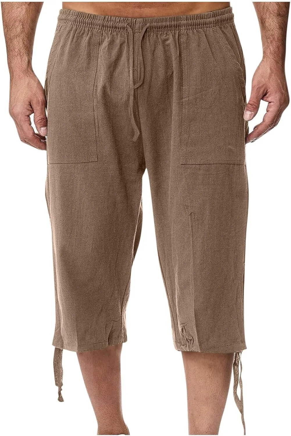 Xiaojmake Men's Cotton Linen Shorts Linen Capri Pants Casual Summer Drawstring Beach Shorts Below Knee Length Gym Yoga Pants