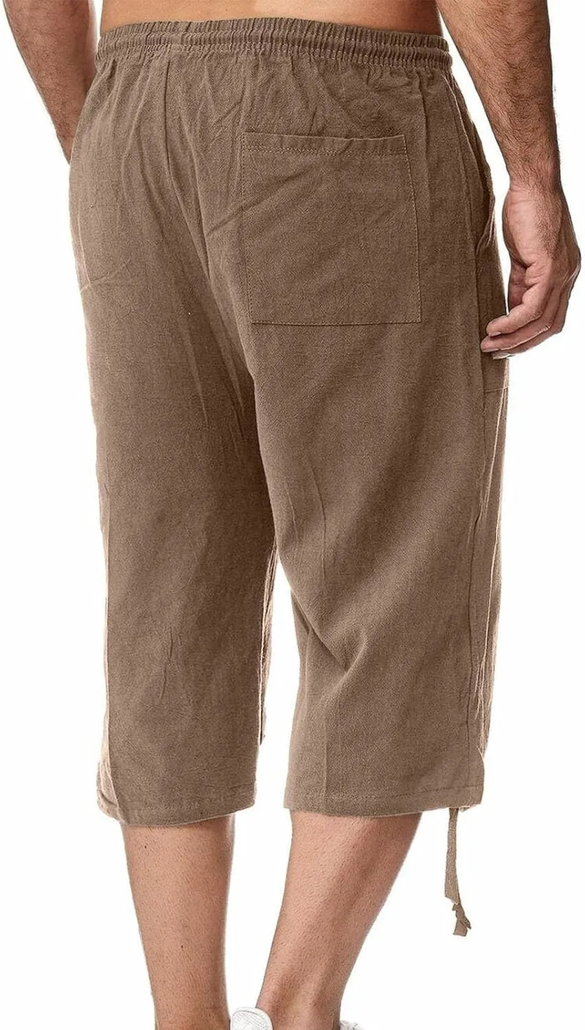 Xiaojmake Men's Cotton Linen Shorts Linen Capri Pants Casual Summer Drawstring Beach Shorts Below Knee Length Gym Yoga Pants