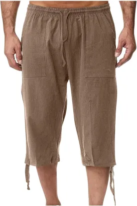 Xiaojmake Men's Cotton Linen Shorts Linen Capri Pants Casual Summer Drawstring Beach Shorts Below Knee Length Gym Yoga Pants