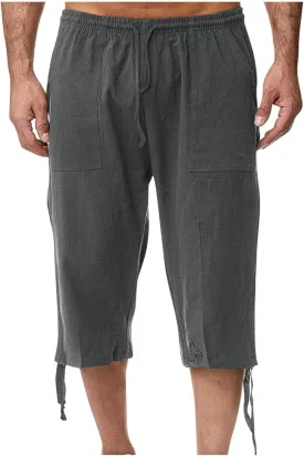 Xiaojmake Men's Cotton Linen Shorts Linen Capri Pants Casual Summer Drawstring Beach Shorts Below Knee Length Gym Yoga Pants