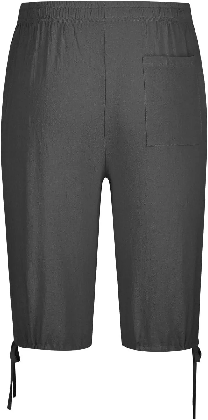 Xiaojmake Men's Cotton Linen Shorts Linen Capri Pants Casual Summer Drawstring Beach Shorts Below Knee Length Gym Yoga Pants