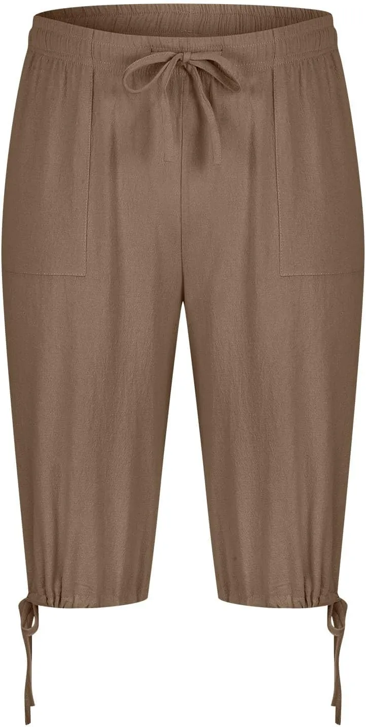 Xiaojmake Men's Cotton Linen Shorts Linen Capri Pants Casual Summer Drawstring Beach Shorts Below Knee Length Gym Yoga Pants