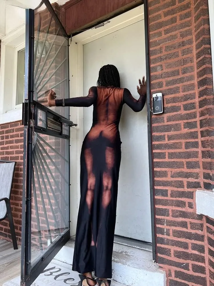 Y2K 3D Body Print Maxi Dress Women Aesthetic Long Sleeve Unique Sexy Body-Shaping Robe Party Clubwear Clothing