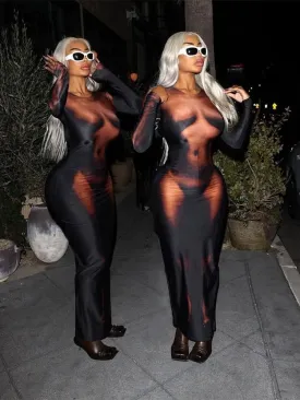 Y2K 3D Body Print Maxi Dress Women Aesthetic Long Sleeve Unique Sexy Body-Shaping Robe Party Clubwear Clothing