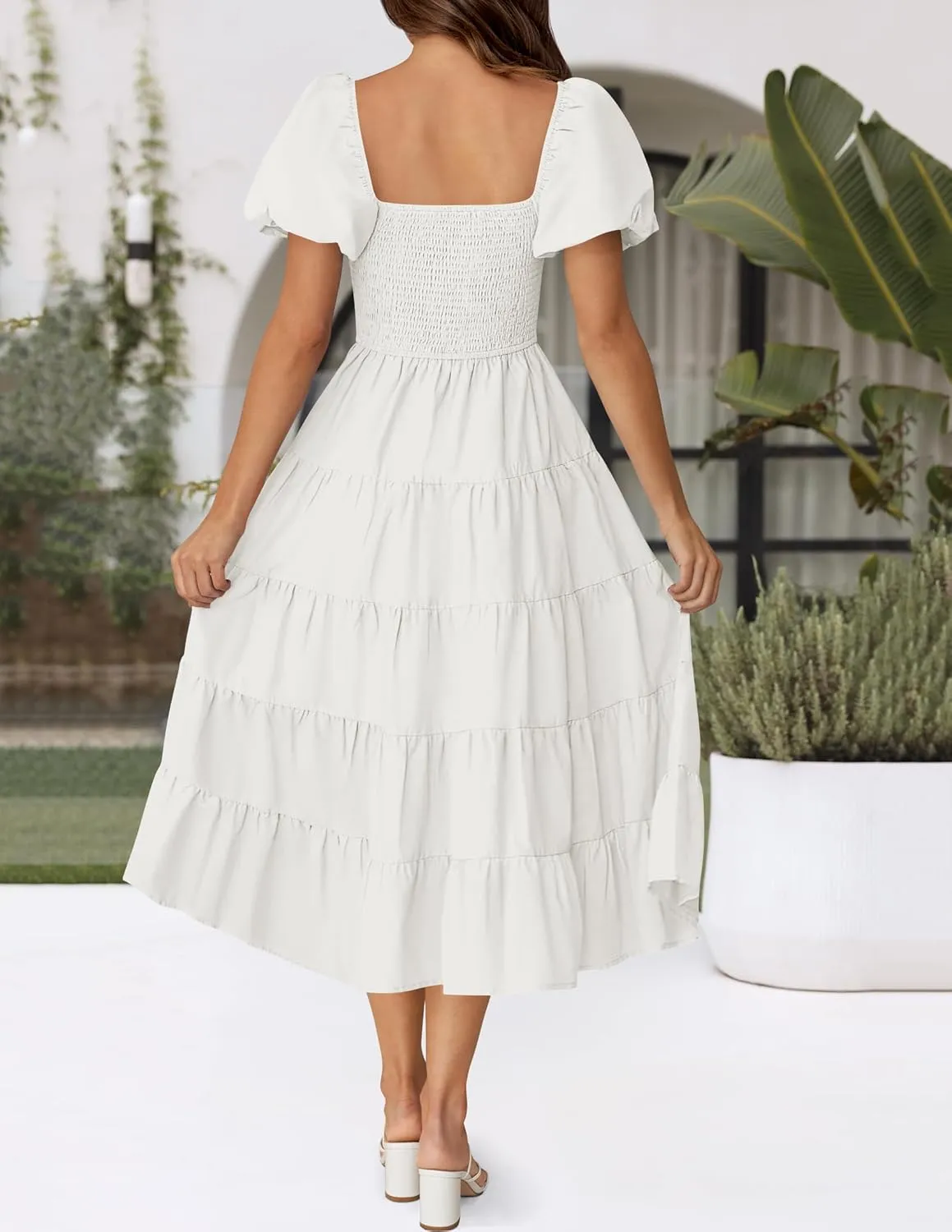 ZESICA Women's 2025 Summer Square Neck Short Puff Sleeve Solid Color High Waist Casual Smocked Flowy A Line Tiered Midi Dress