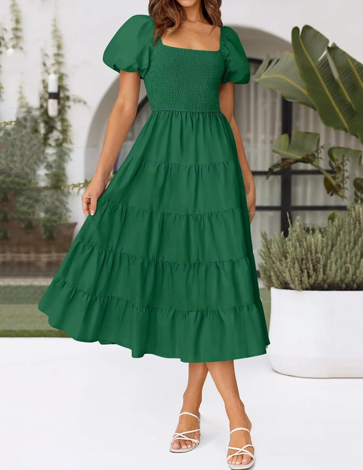 ZESICA Women's 2025 Summer Square Neck Short Puff Sleeve Solid Color High Waist Casual Smocked Flowy A Line Tiered Midi Dress