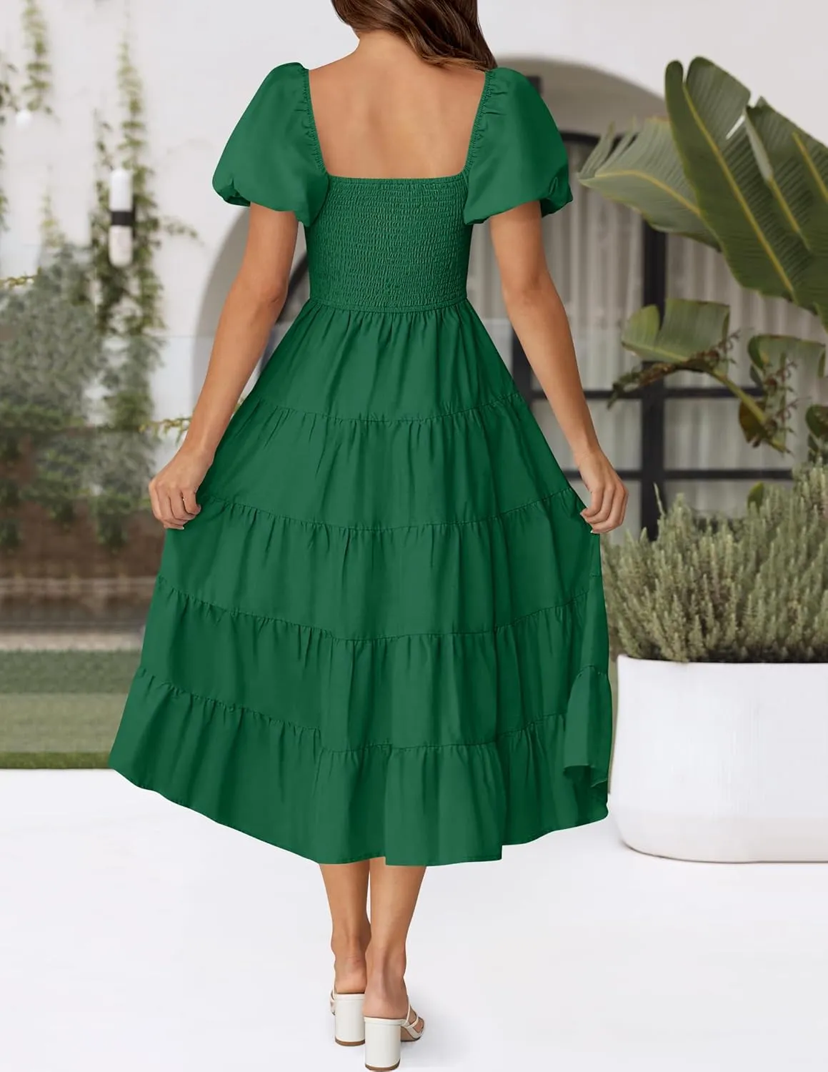 ZESICA Women's 2025 Summer Square Neck Short Puff Sleeve Solid Color High Waist Casual Smocked Flowy A Line Tiered Midi Dress