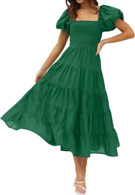 ZESICA Women's 2025 Summer Square Neck Short Puff Sleeve Solid Color High Waist Casual Smocked Flowy A Line Tiered Midi Dress