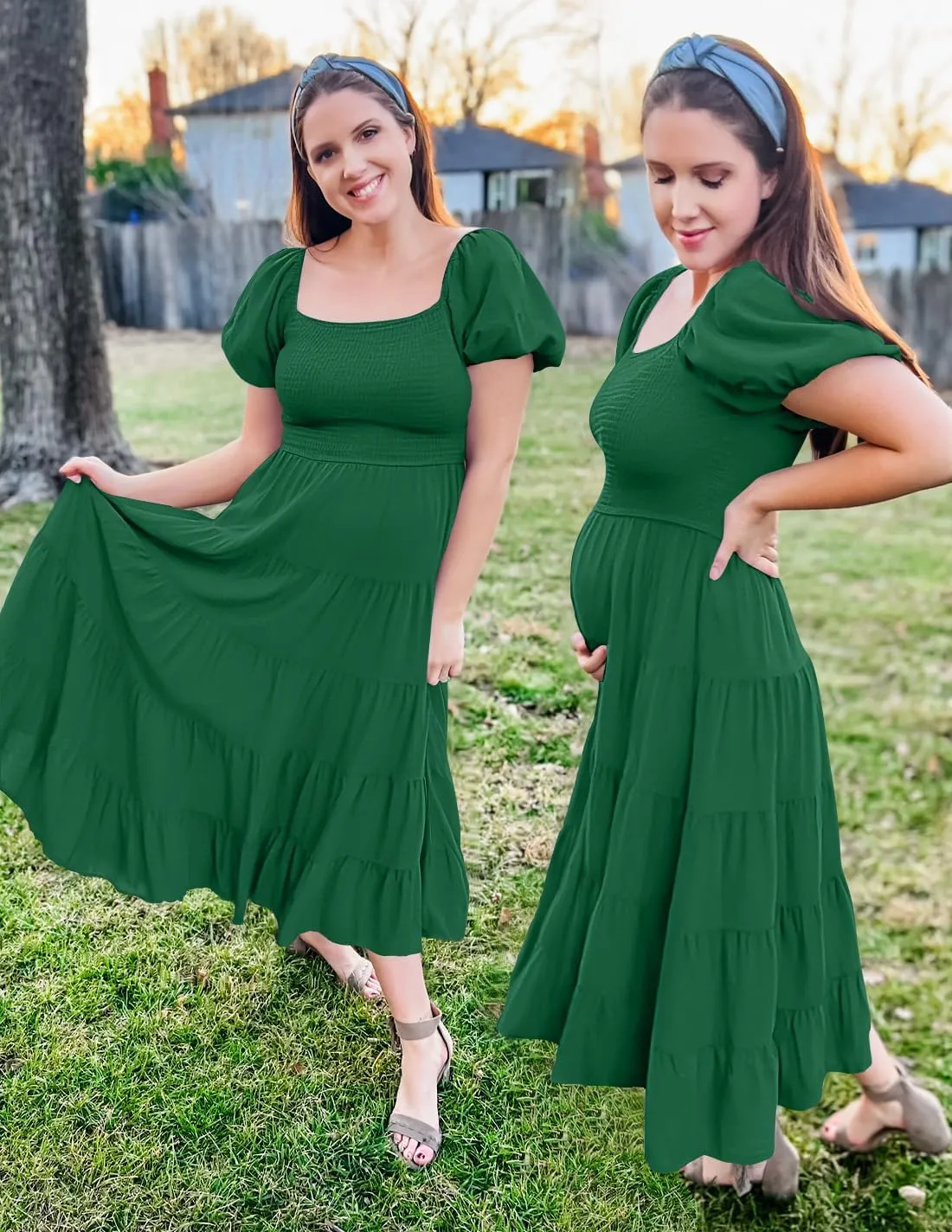 ZESICA Women's 2025 Summer Square Neck Short Puff Sleeve Solid Color High Waist Casual Smocked Flowy A Line Tiered Midi Dress
