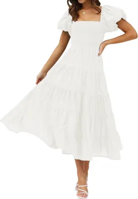 ZESICA Women's 2025 Summer Square Neck Short Puff Sleeve Solid Color High Waist Casual Smocked Flowy A Line Tiered Midi Dress