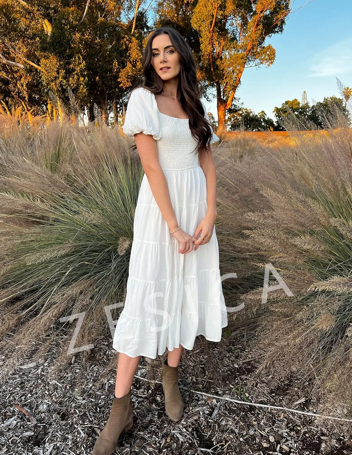 ZESICA Women's 2025 Summer Square Neck Short Puff Sleeve Solid Color High Waist Casual Smocked Flowy A Line Tiered Midi Dress