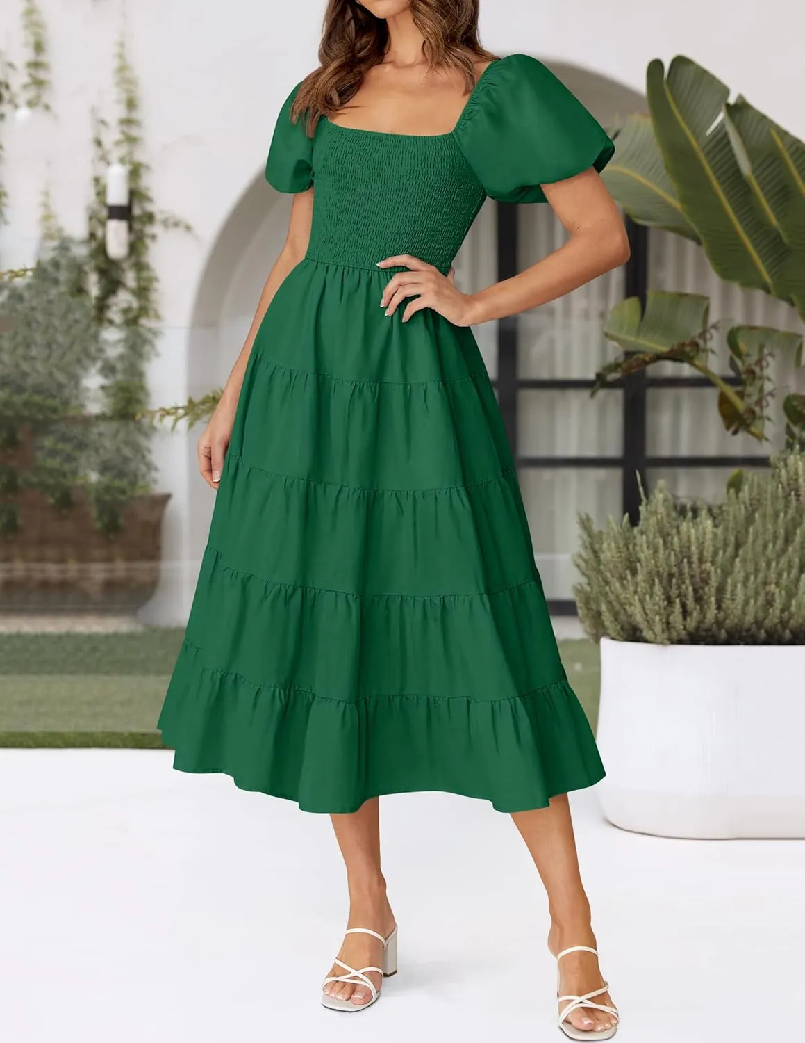 ZESICA Women's 2025 Summer Square Neck Short Puff Sleeve Solid Color High Waist Casual Smocked Flowy A Line Tiered Midi Dress
