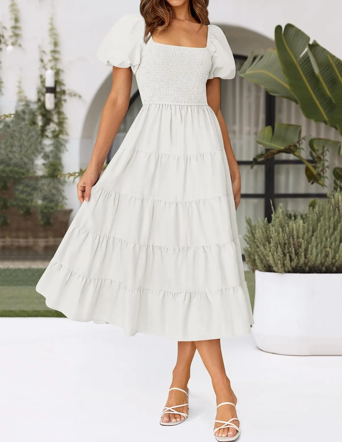 ZESICA Women's 2025 Summer Square Neck Short Puff Sleeve Solid Color High Waist Casual Smocked Flowy A Line Tiered Midi Dress